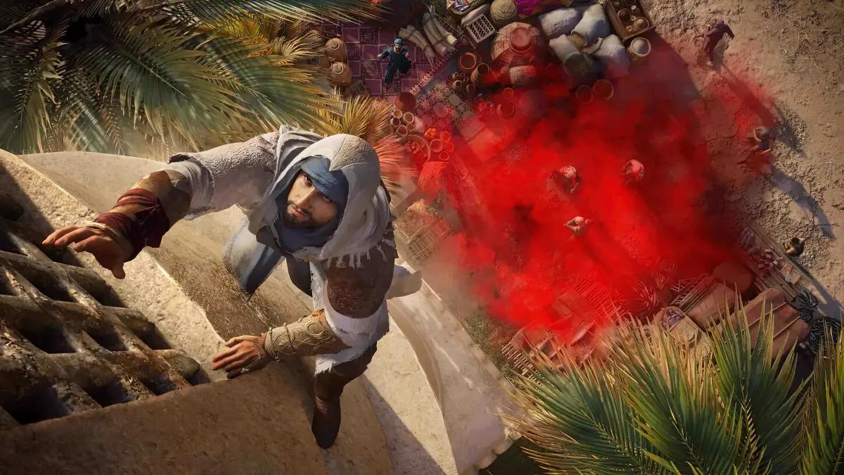 Basim climbs a wall in Assassin's Creed Mirage. A crowd of enemies choke in red smoke on the ground.
