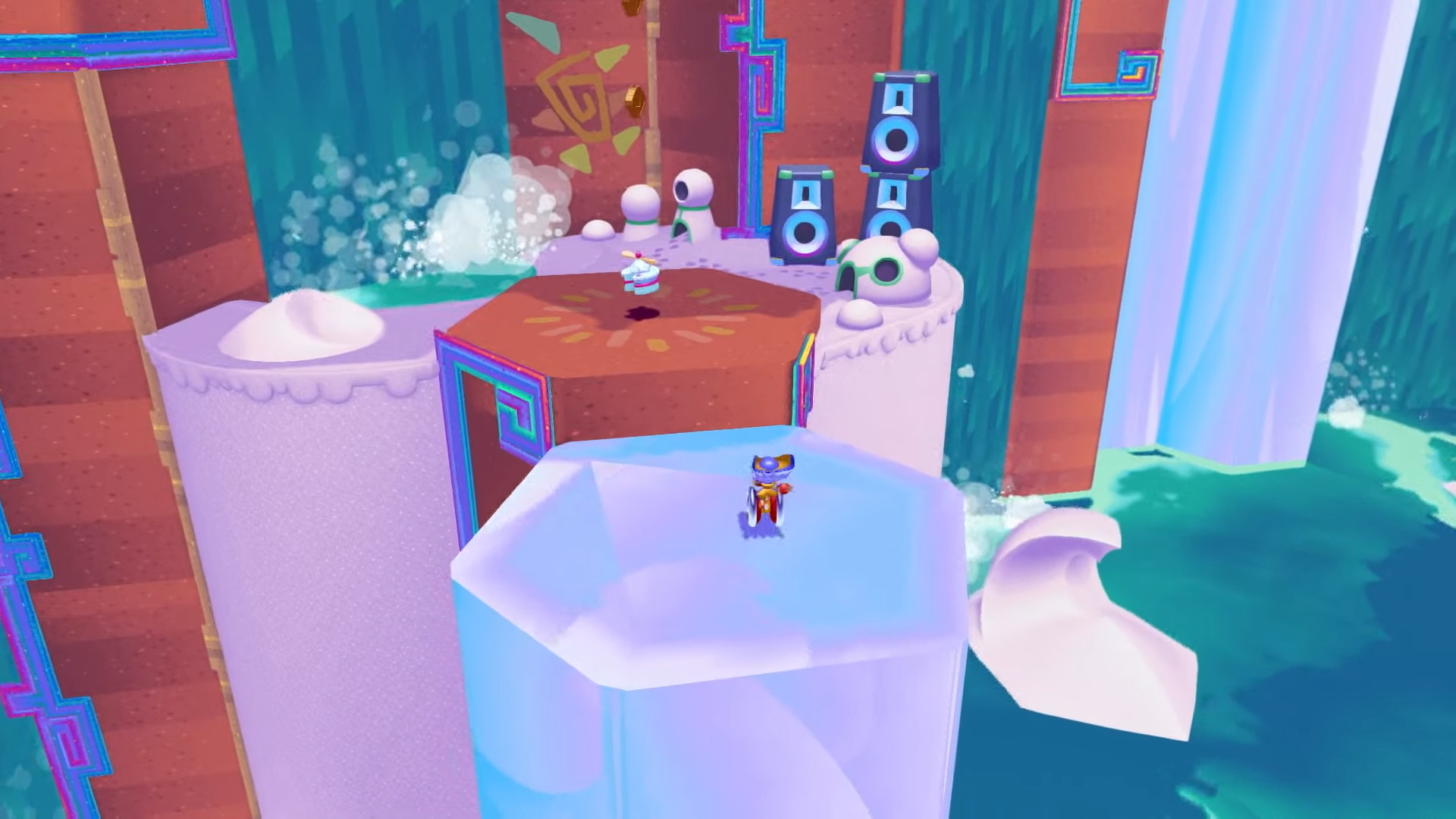 The player character in Penny's Big Breakaway platforming through a waterfall-filled area