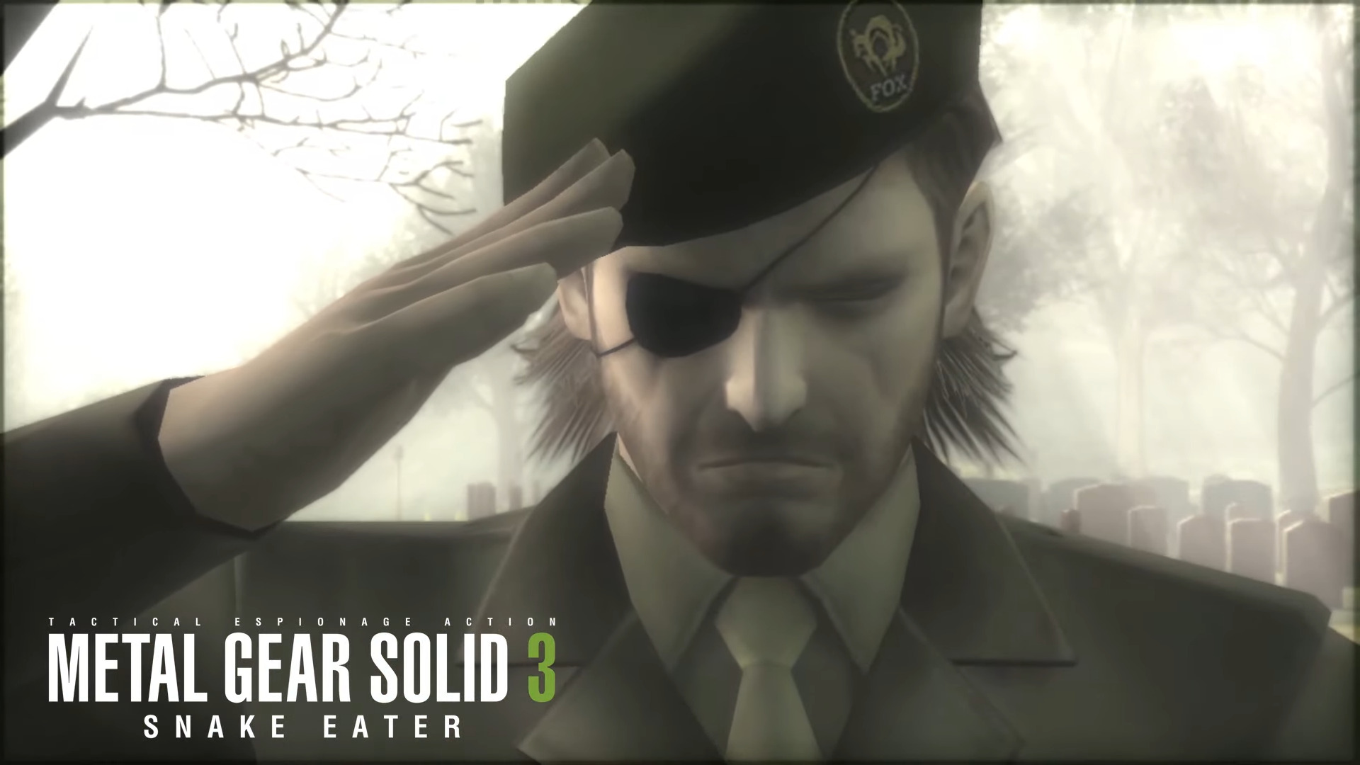 A screenshot from Metal Gear Solid 3 showing Snake saluting with his eyes shut