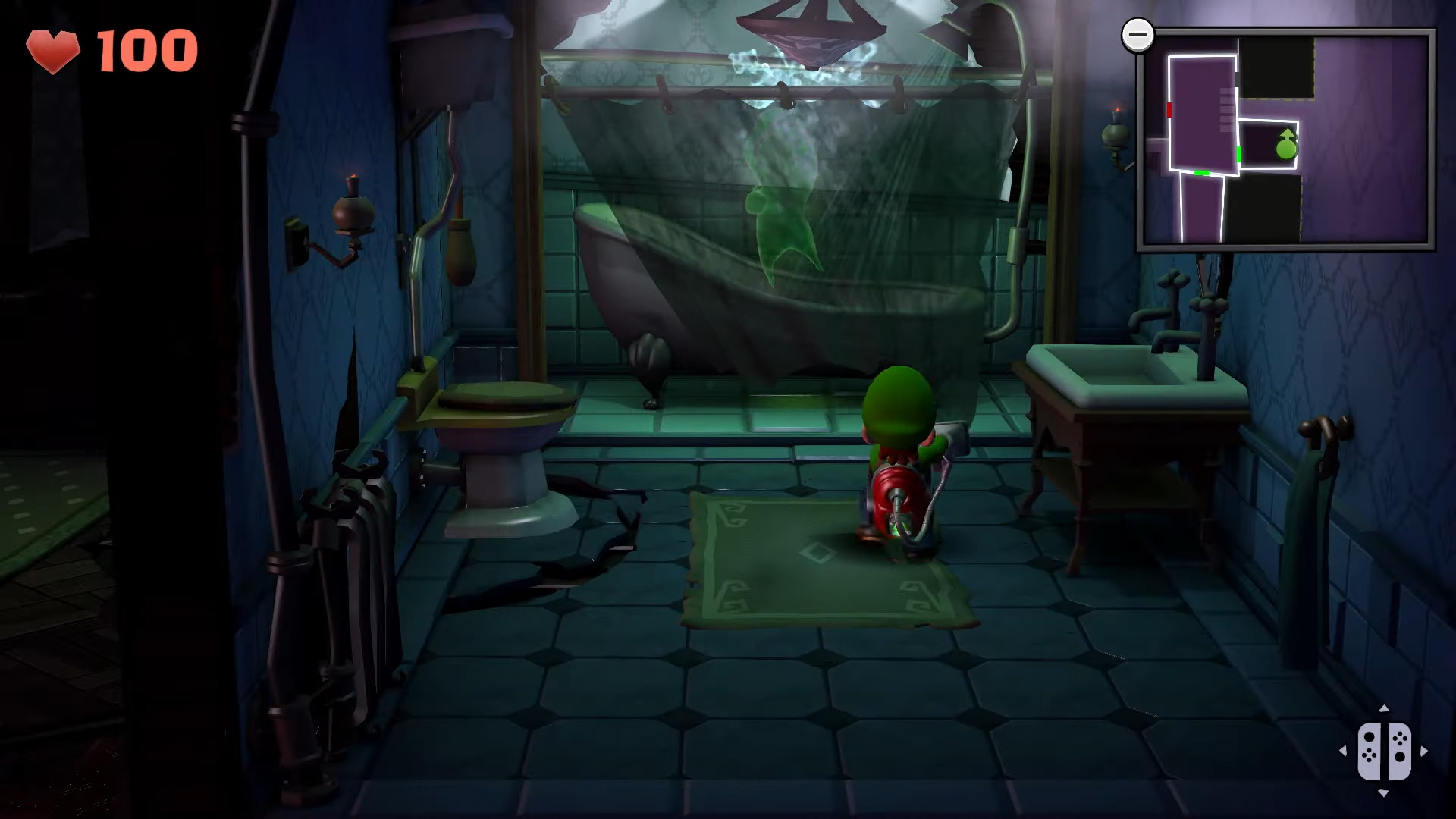 A screenshot from Luigi's Mansion 2 showing Luigi sucking up a shower curtain with a vacuum cleaner