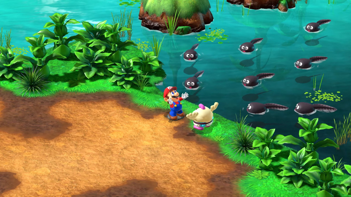 A screenshot from Super Mario RPG remake showing Mario and Mallow standing next to a pond full of tadpoles