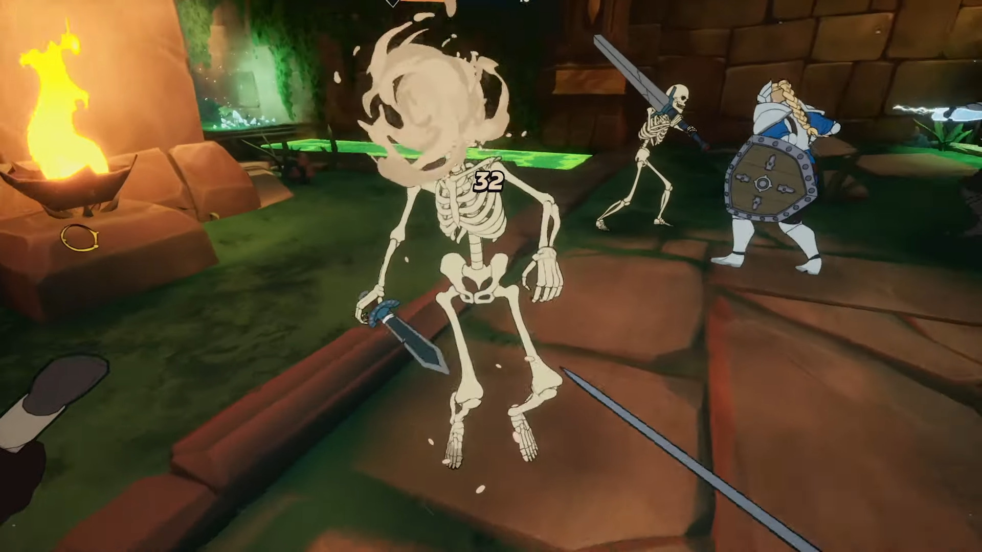 A screenshot from Mythforce showing a skeleton getting attacked from a first-person perspective