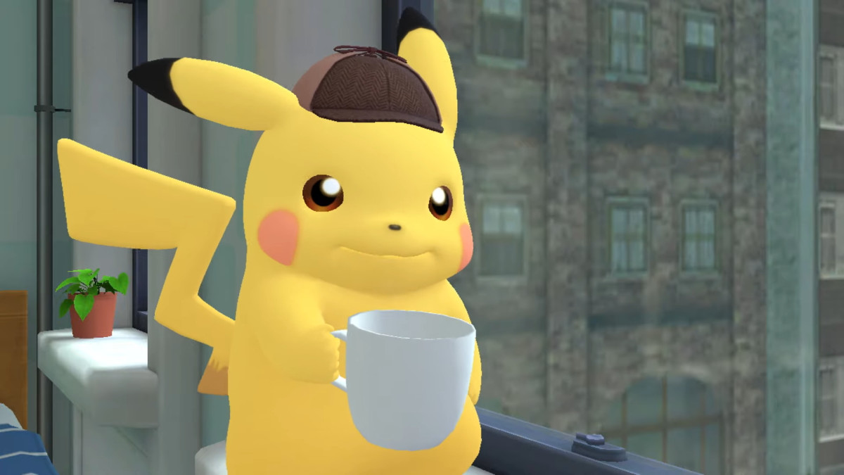 Detective Pikachu from Detective Pikachu Returns holding a cup of coffee
