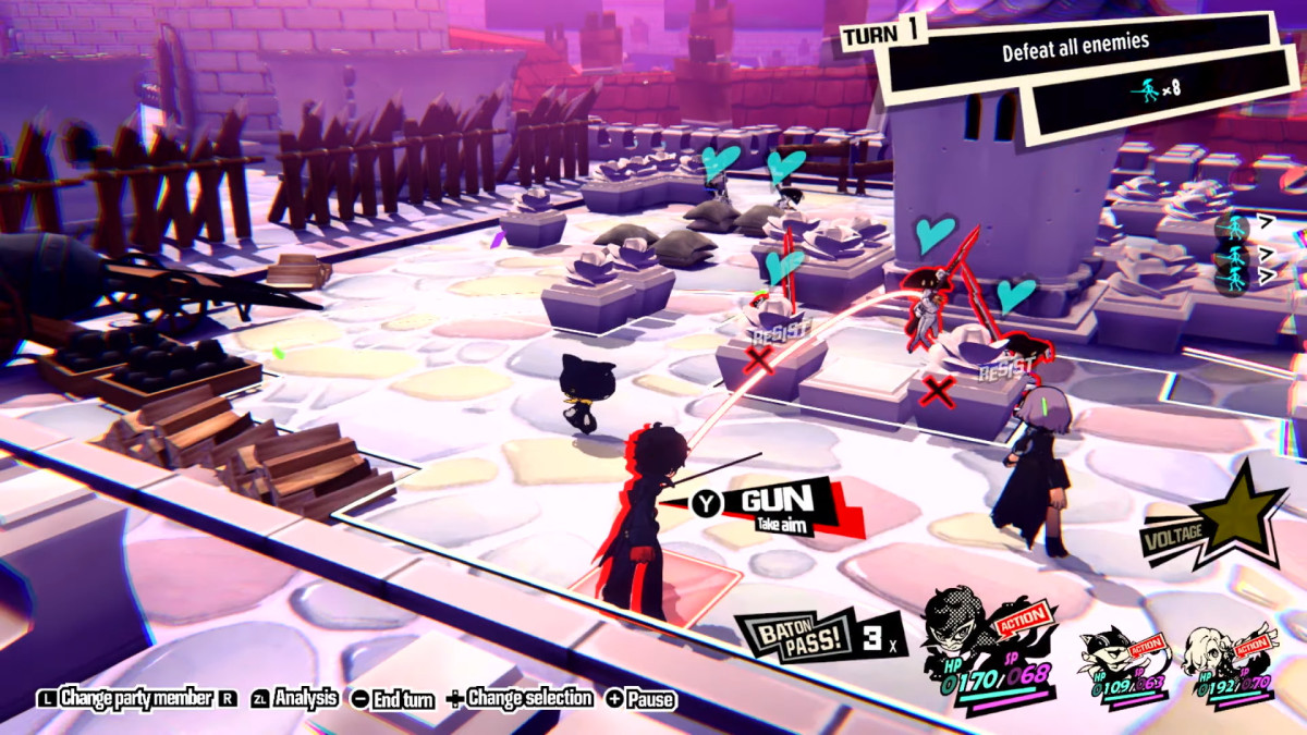 A screenshot from Persona 5 Tactica showing the Joker character aiming his gun at an enemy