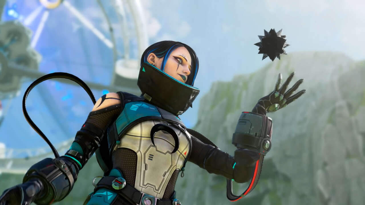 Catalyst stands in her battle gear holding up a spiked ball of ferrofluid in Apex Legends