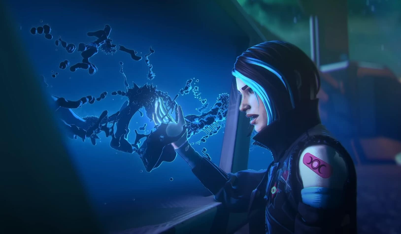 Catalyst waves her hand through ferrofluid and looks surprised in an Apex Legends trailer