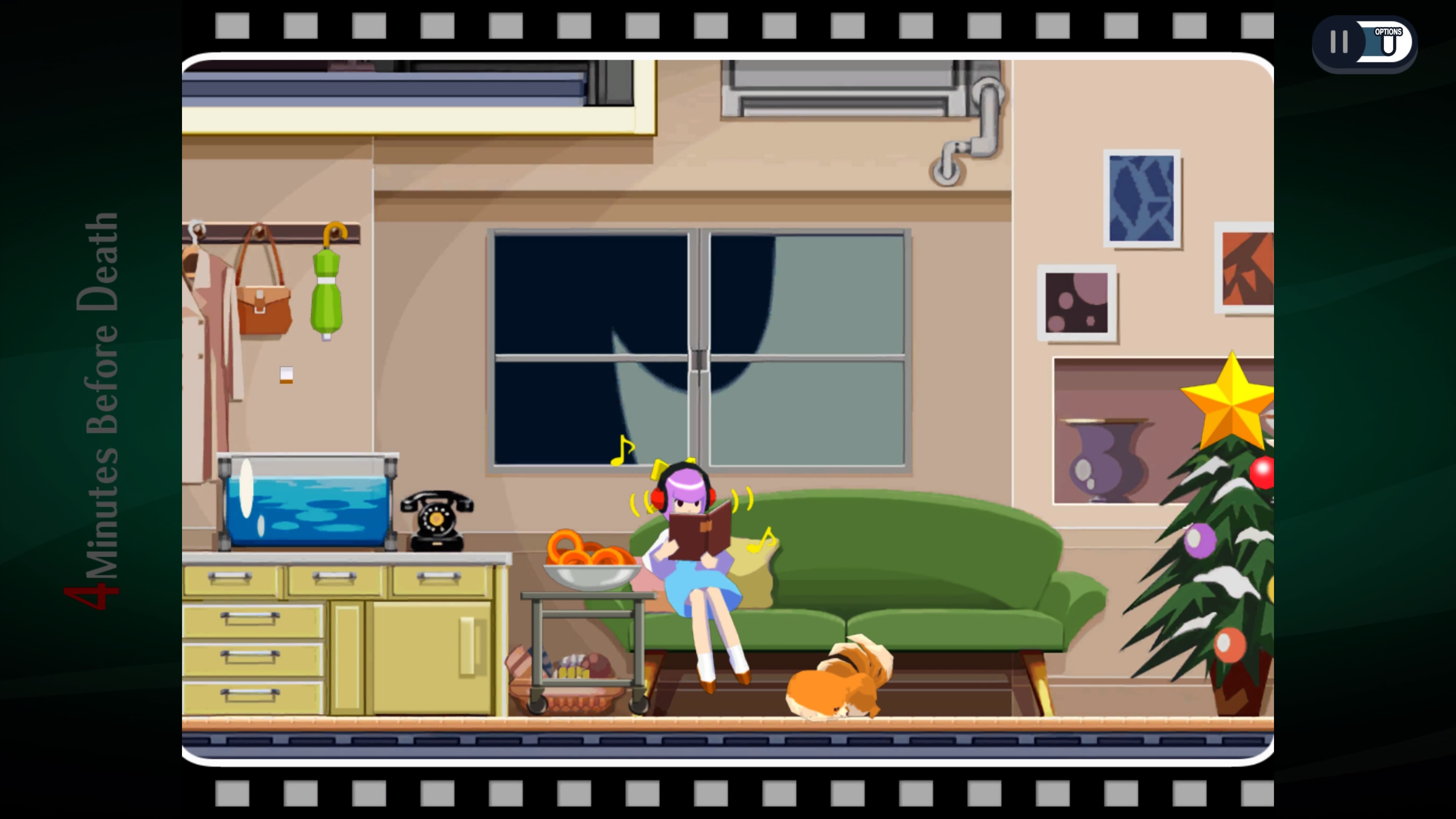 Ghost Trick review: An anime girl with purple hair, wearing a blue dress, is sitting on a green sofa. A small brown dog is at her feet, and a small Christmas tree is to the right, with a fish tank on the left