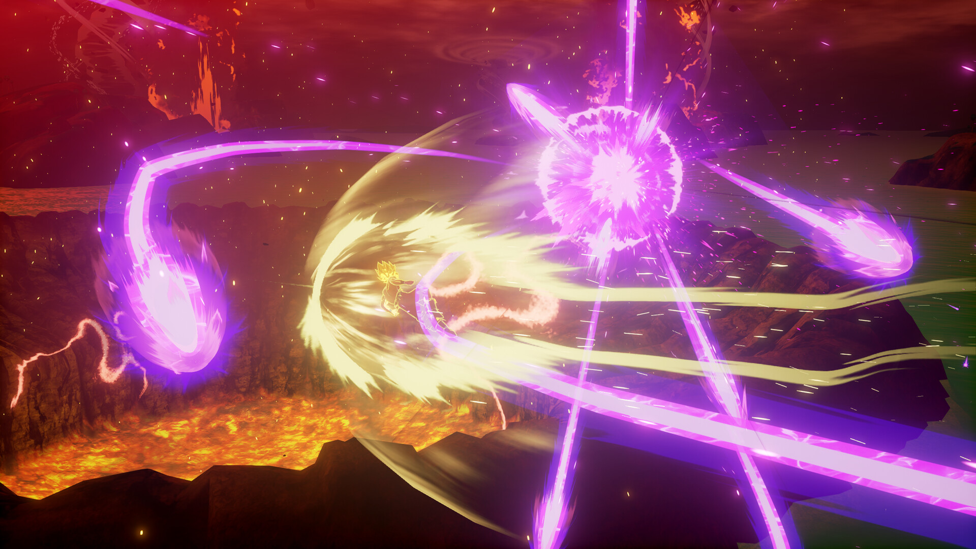 Dragon Ball Z Kakarot screenshot of characters flying through air surrounded by fire balls.