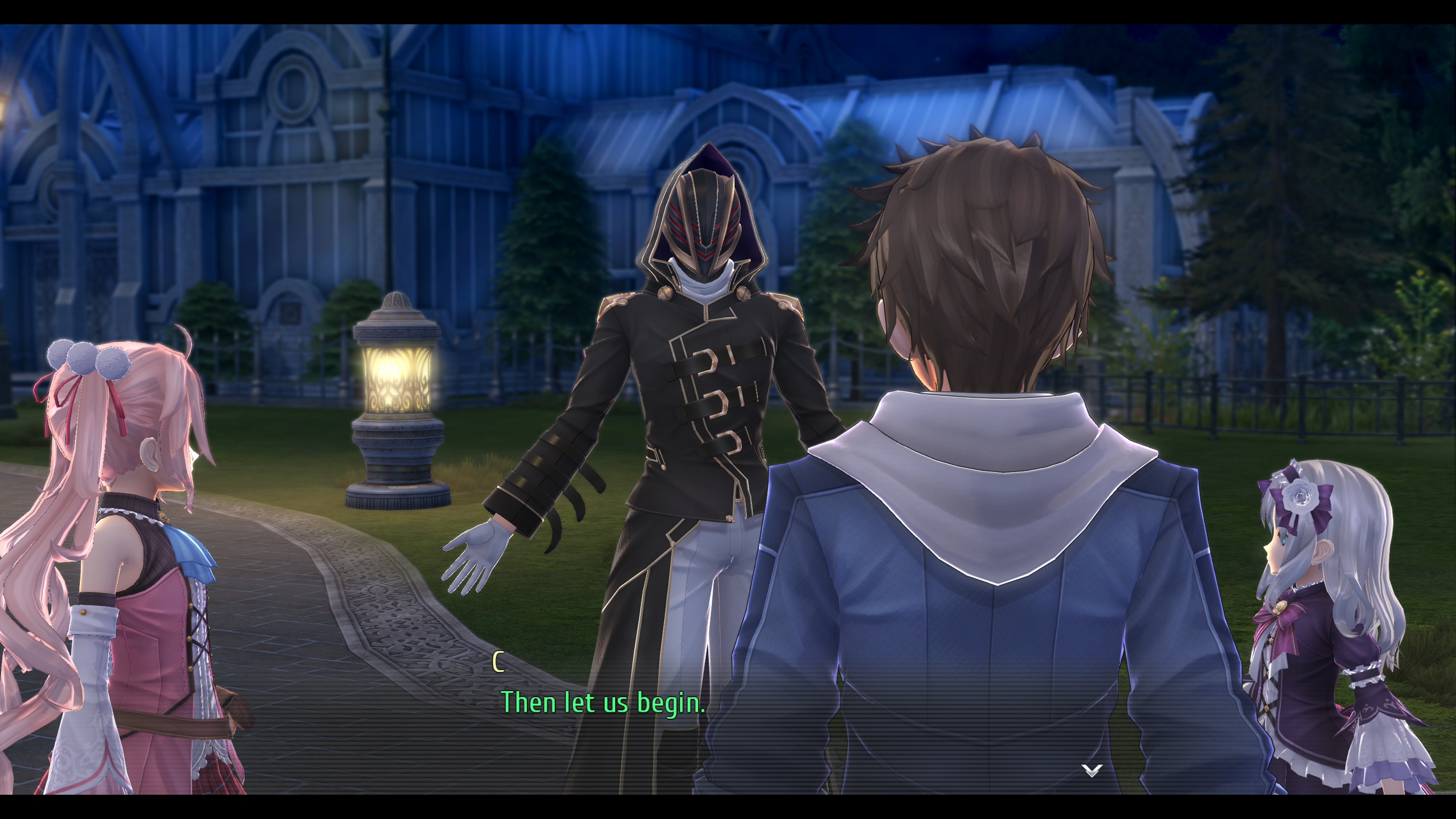 Trails into Reverie review: An anime man in a black coat and black mask is standing on a grassy verge, speaking with three anime children armed with knives