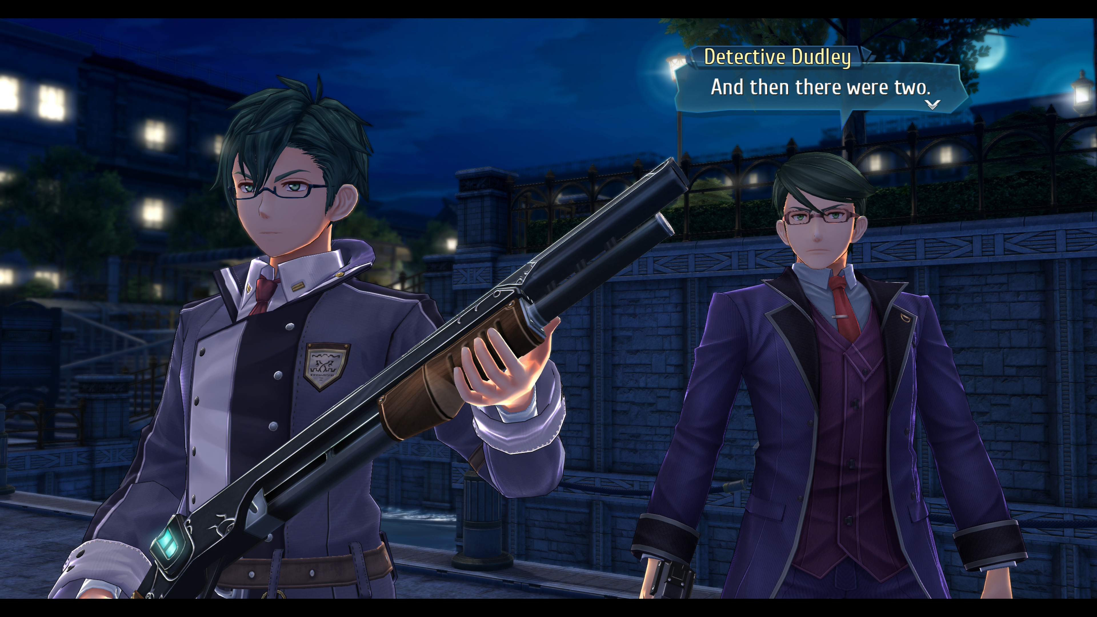 Trails into Reverie review: Two anime men with green hair, wearing dark jackets, are standing alongside a canal at night. One has a shotgun, and both wear glasses.