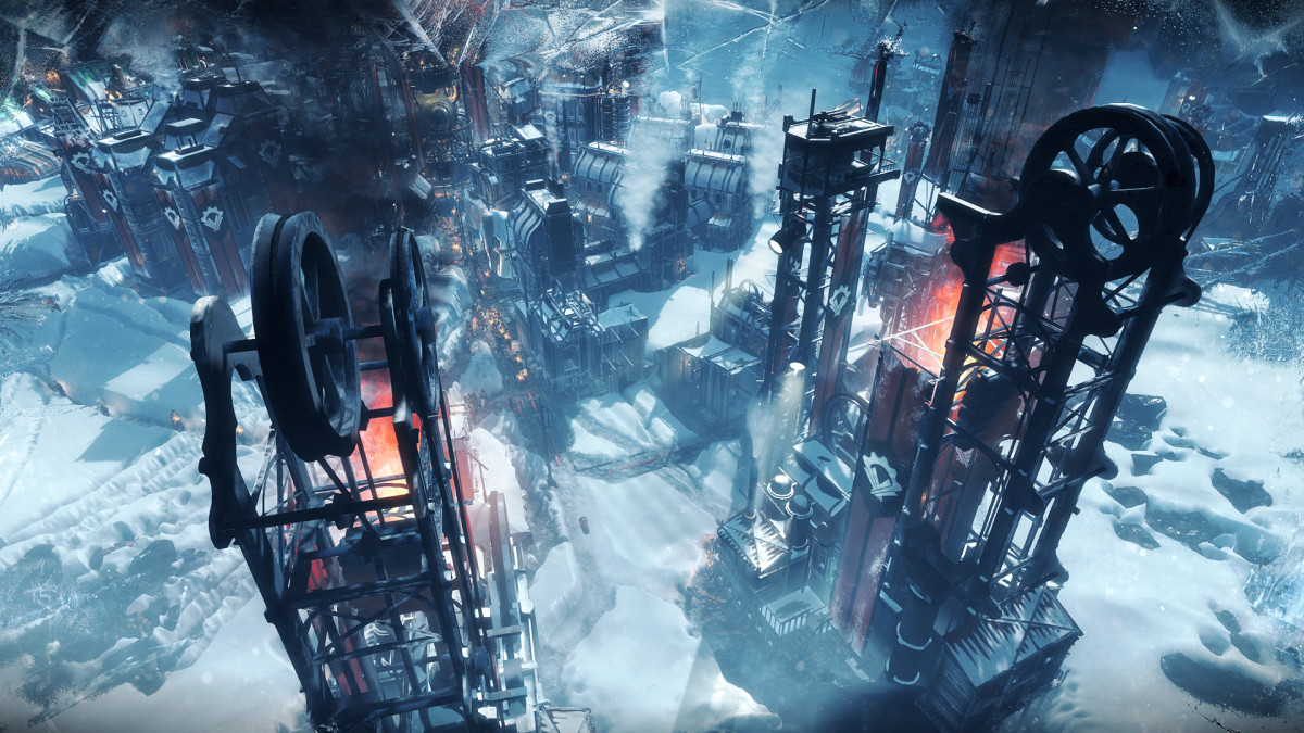 Frostpunk screenshot of a factory in an icy landscape.