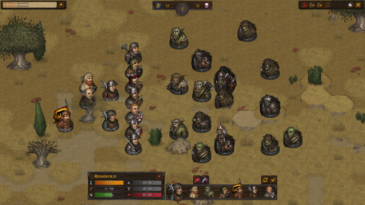 Battle Brothers screenshot of a human army fighting an orc army.