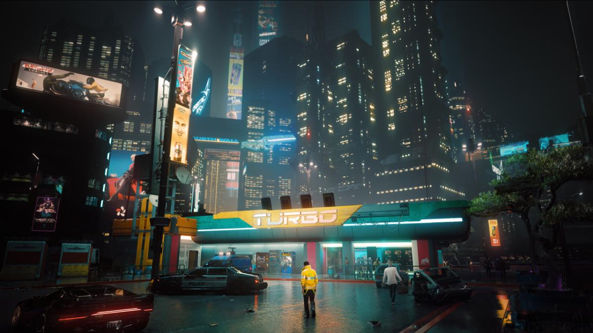 A petrol station at night time in Cyberpunk 2077's Night City.