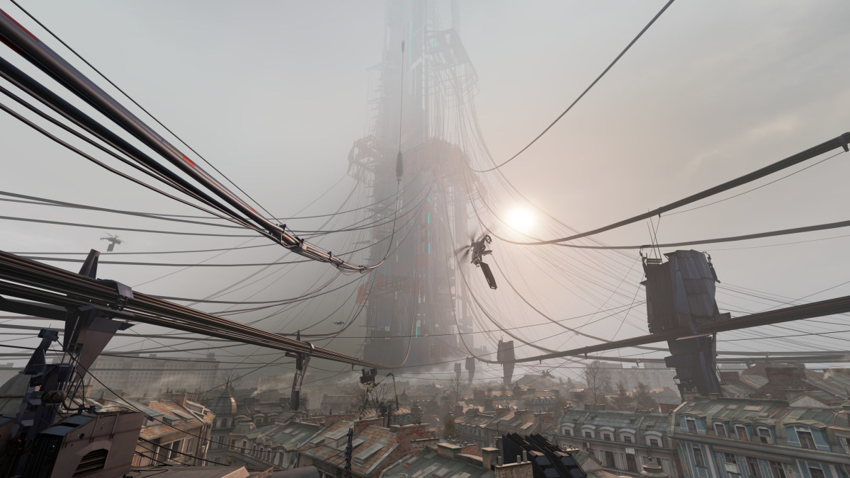 The Citadel in Half-Life Alyx looms over City 17 with a spaghetti of wires