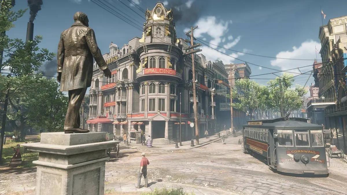 A statue in a town square next to a tram in Red Dead Redemption 2's Saint Denis