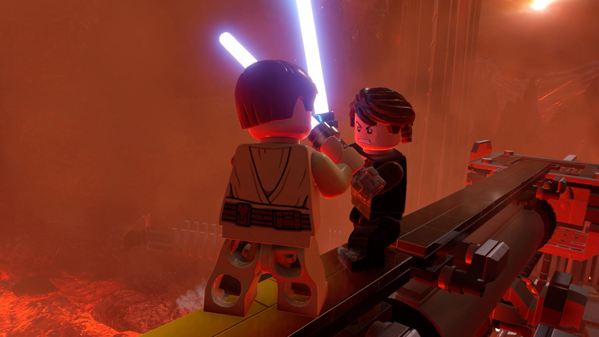 Lego Star Wars The Skywalker Saga Obi-Wan battling Anakin over lava on Mustafar.