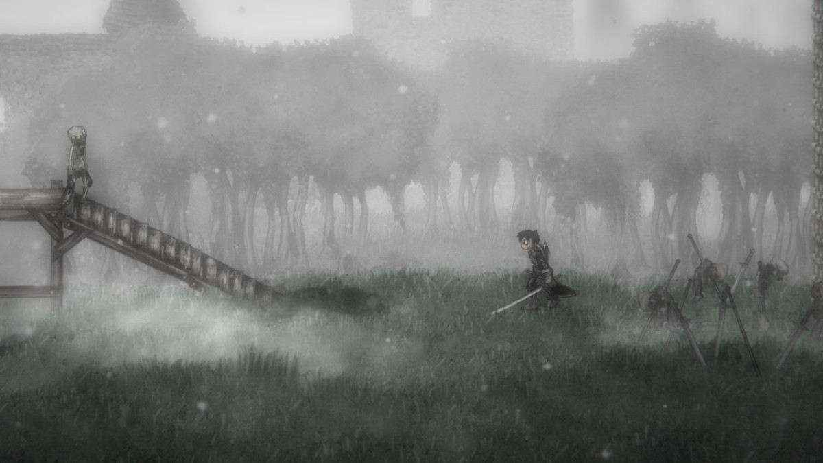 Salt and Sanctuary screenshot of a warrior walking through a foggy forest.