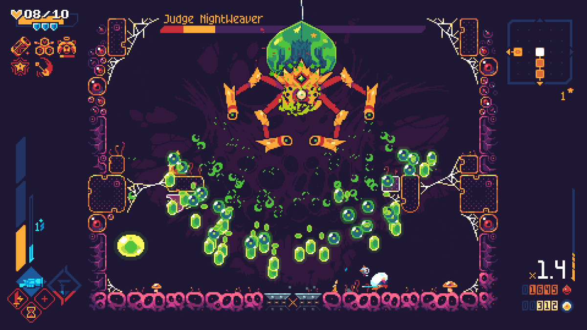 Scourgebringer screenshot of a pixel-art boss battle.