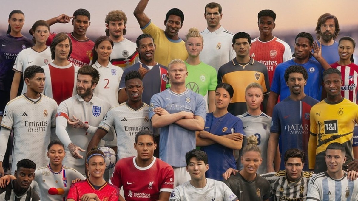 EA Sports FC 24 Ultimate Edition cover with many past and present soccer stars standing side by side.
