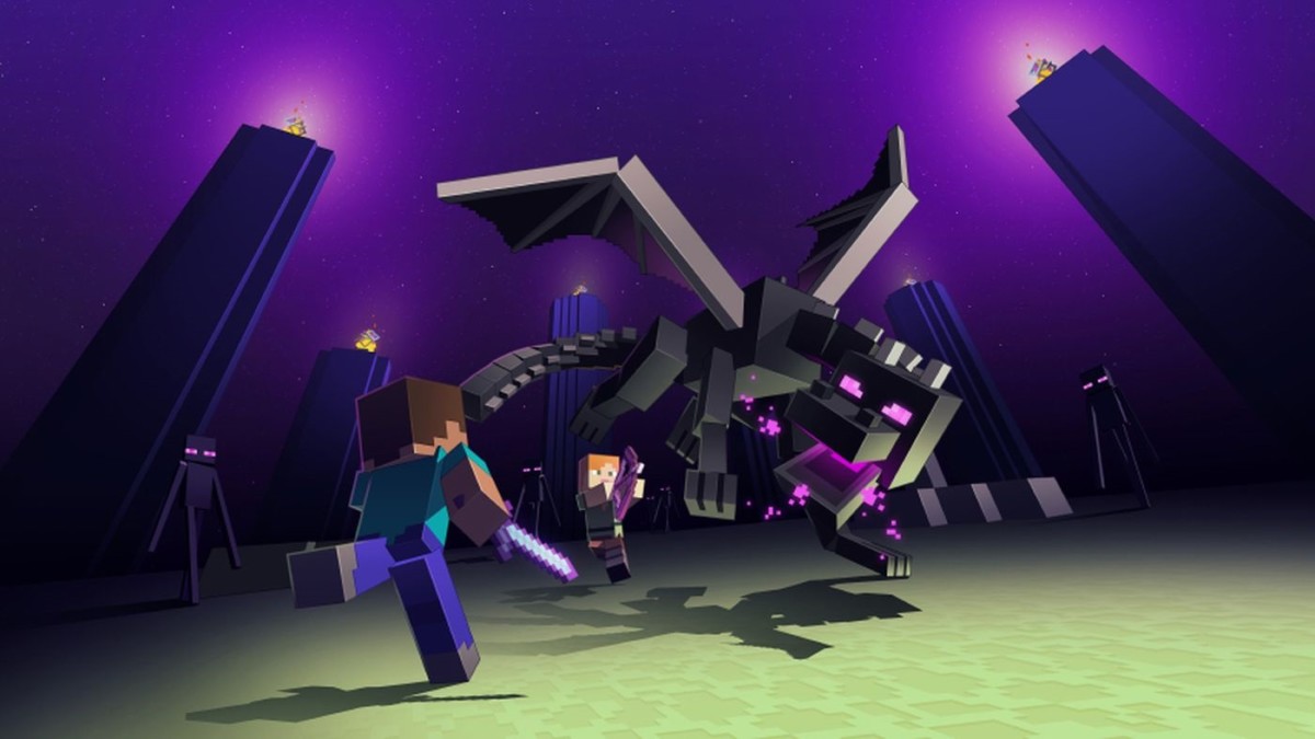 Minecraft Steve and Alex fighting the Ender Dragon