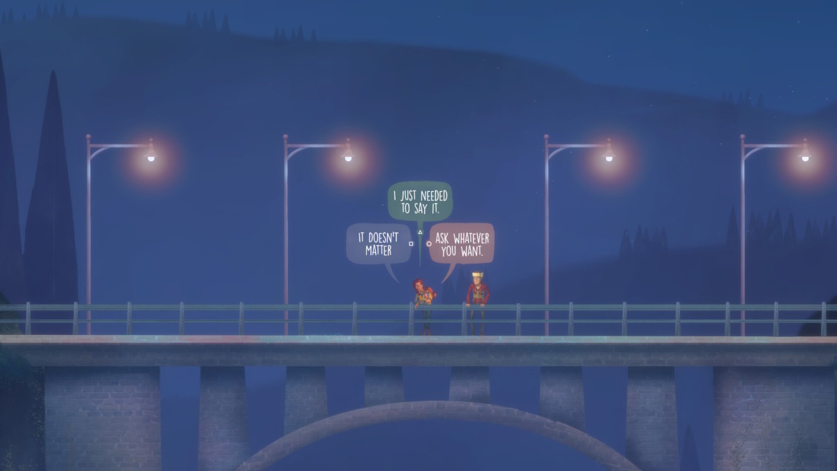 A woman and a man stand next to each other on a bridge. Above her head is a set of three colored conversation bubbles with choices for what to say next.