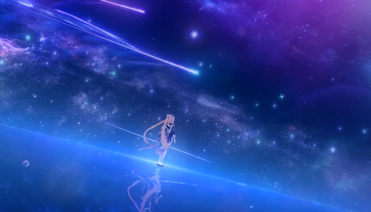Genshin Impact Kokomi walking on water and staring into the night sky.