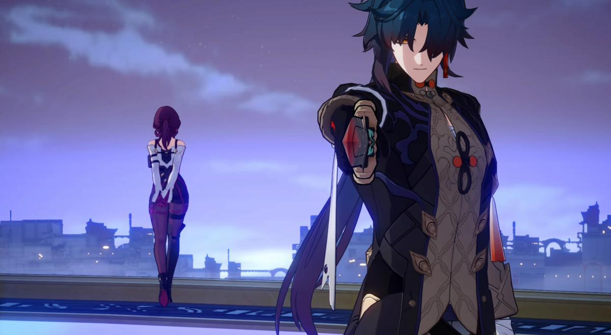 Honkai: Star Rail Blade points his sword towards the camera, while Kafka escapes in the background.