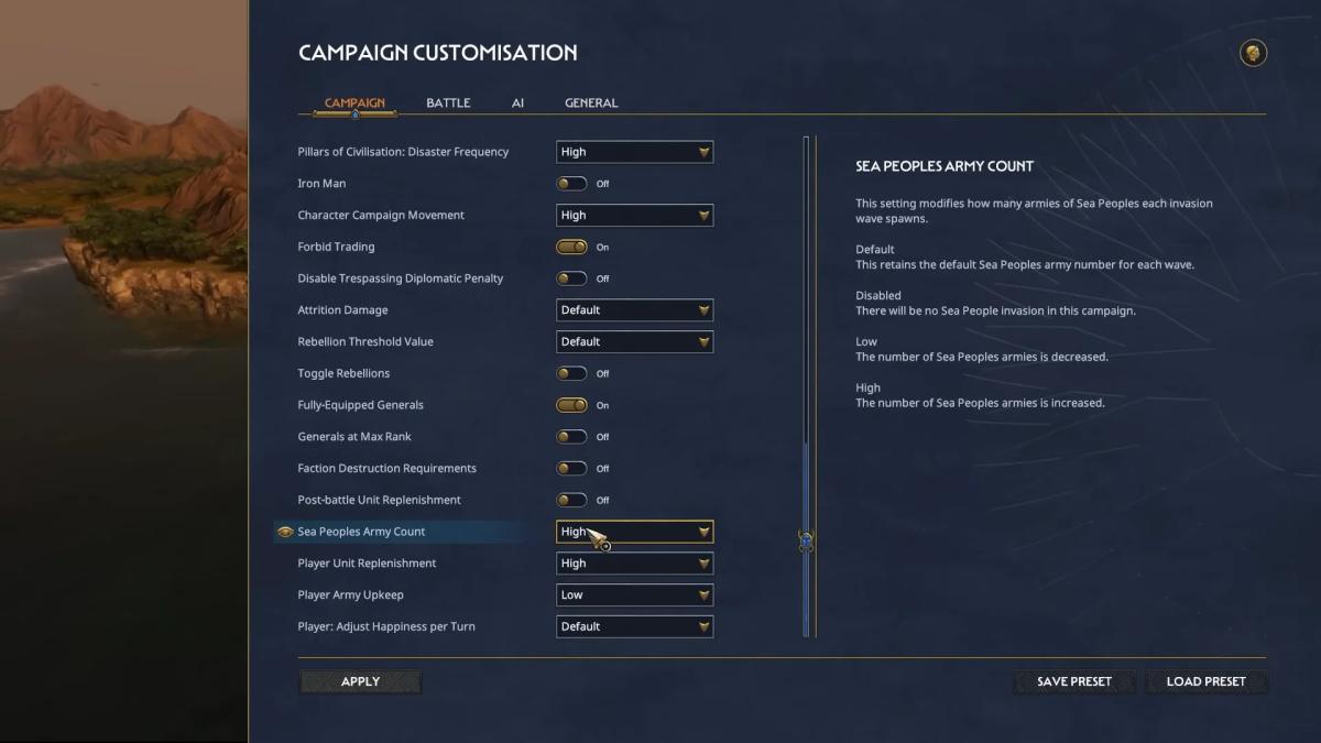 Total War: Pharaoh menu showing a variety of campaign customization options.