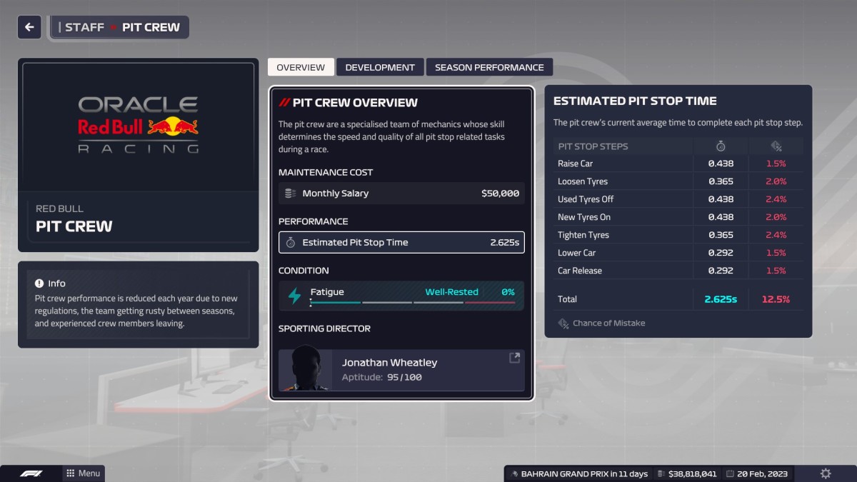 F1 Manager 2023 Pit Crew training screen.