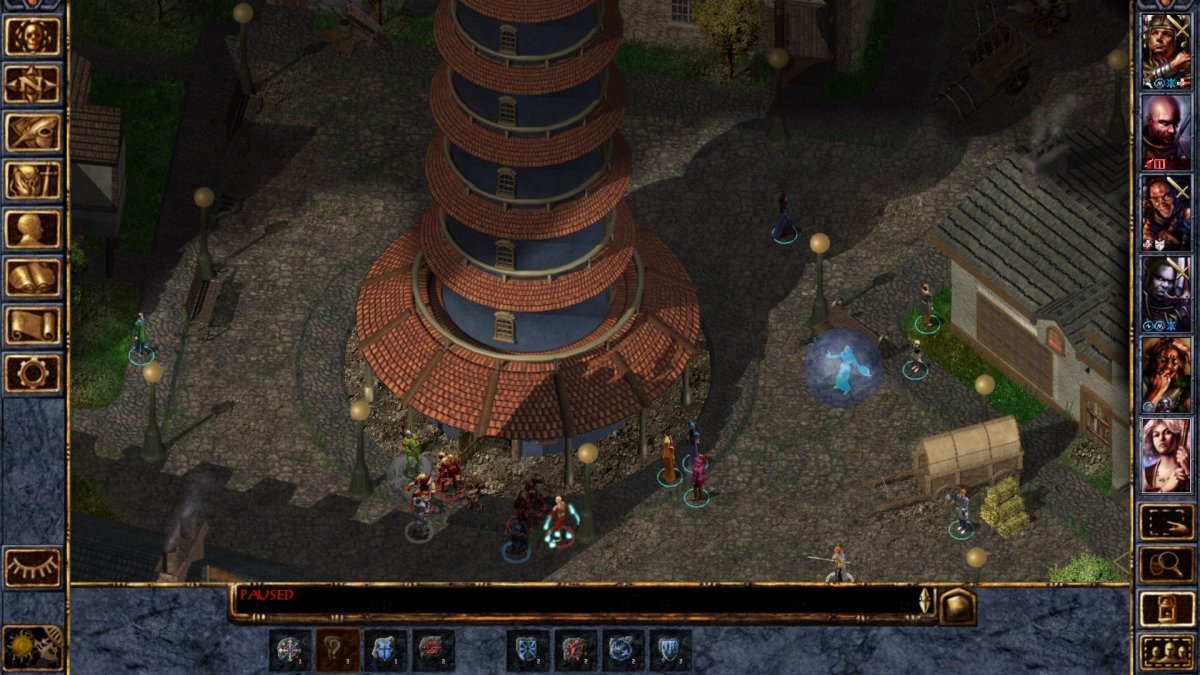 Baldur's Gate Enhanced Edition screenshot of people fighting at the foot of a large tower.