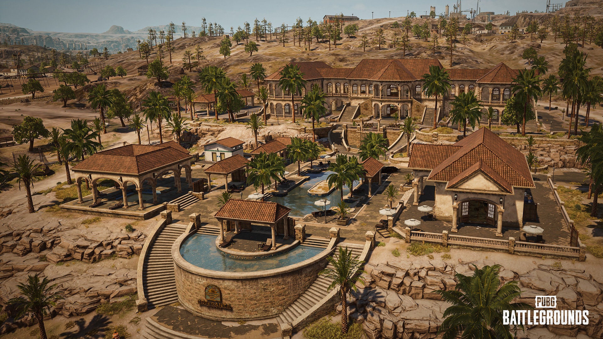 PUBG Resort on Miramar, a cozy mention with pools in a dry area.