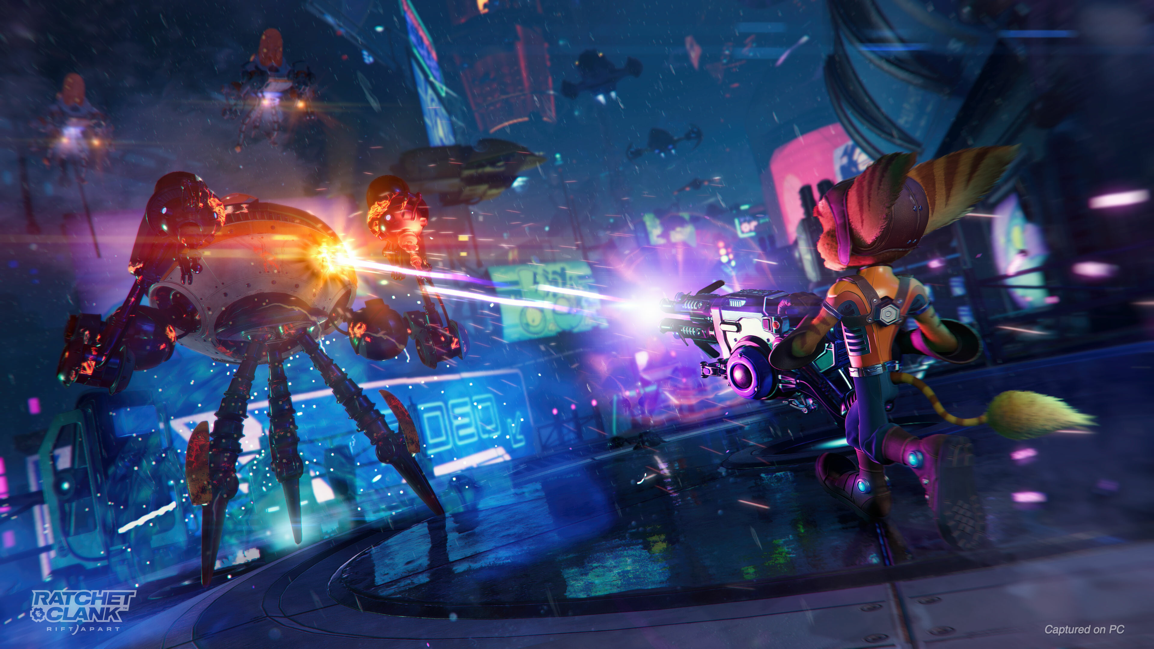 Ratchet shooting at enemies with the Blackhole Storm in Ratchet & Clank: Rift Apart on PC