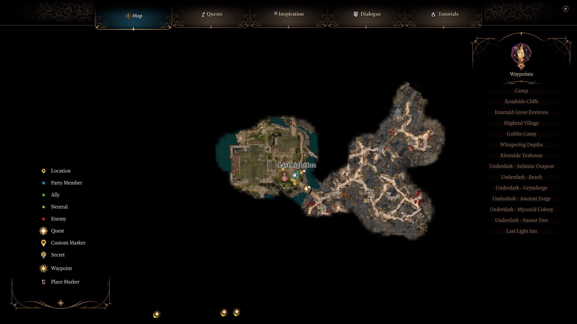Baldur's Gate 3 map of Act 2 with Last Light Inn marked.