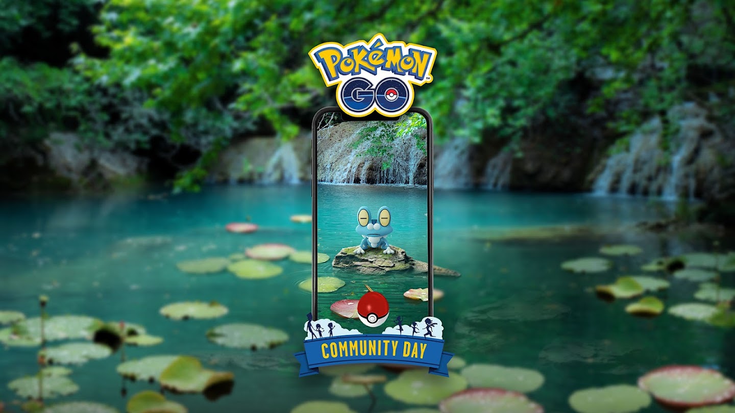 Pokémon Go Froakie Community Day poster with Froakie sitting on a rock in a pool.