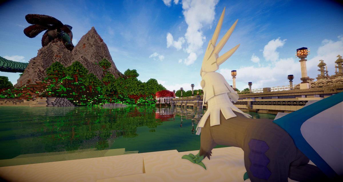Minecraft Pixelmon Generations Silvally on a lakefront