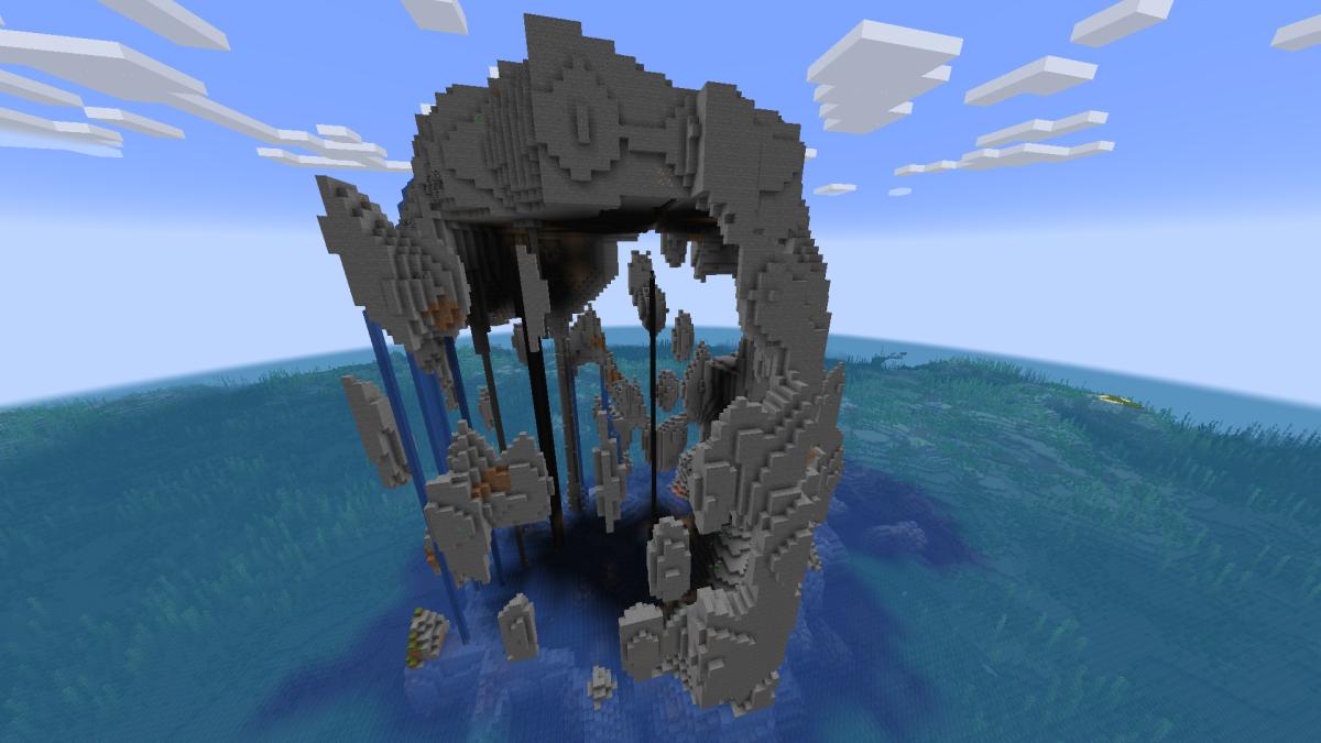 Minecraft tall stone island with a hollow interior