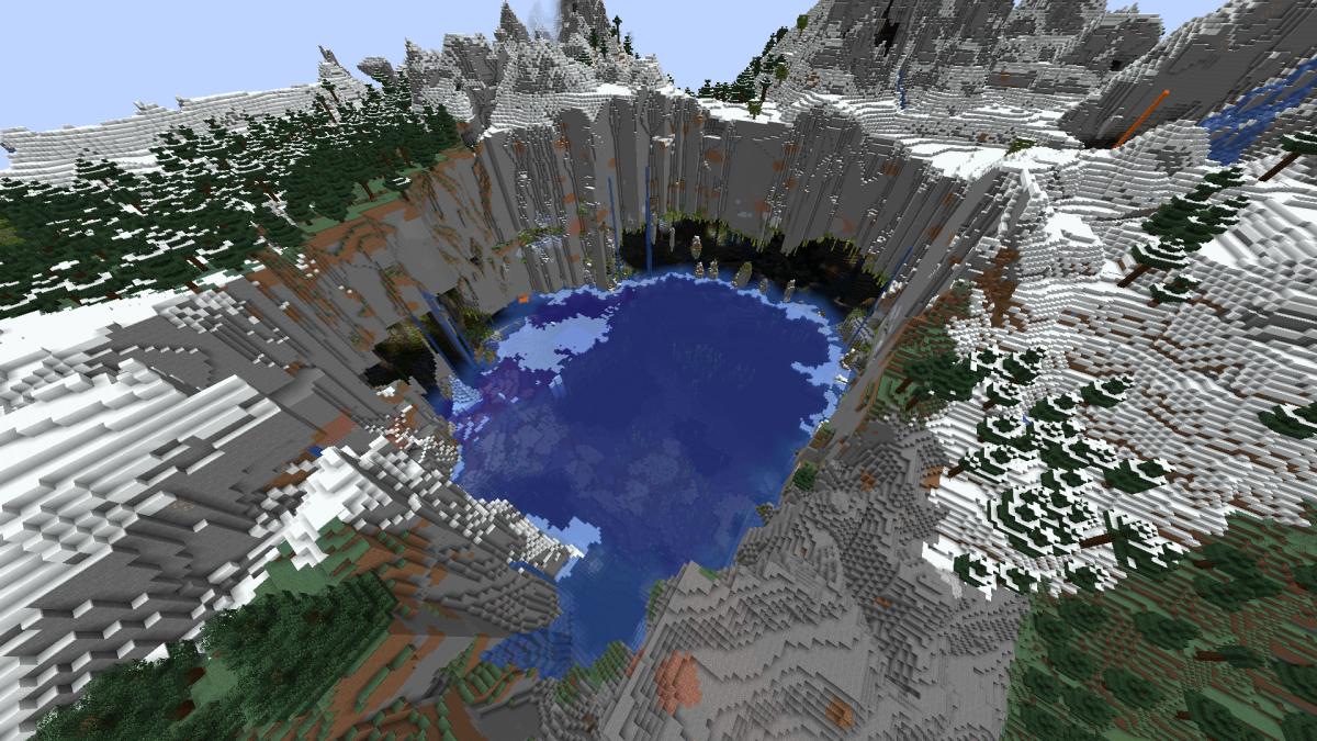 Minecraft, a big lake sunk into the earth with a lush cave biome around the edges