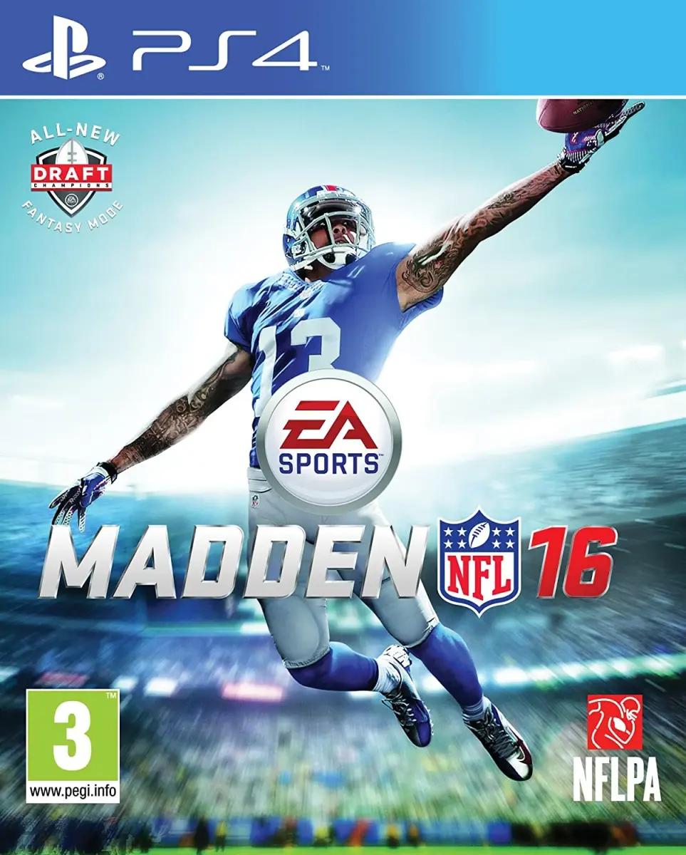 Odell Beckham Jr. jumps through the air and catches a ball on the Madden 16 cover.