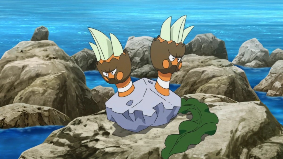 Pokemon Binacle on some rocks poking about the water