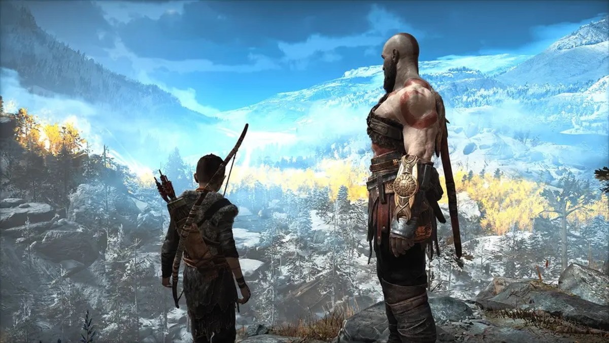 God of War 2018 Kratos and Atreus overlooking a forest valley
