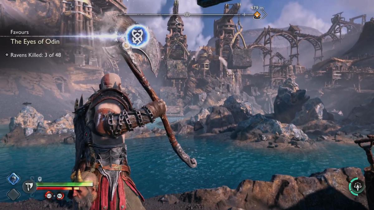 Kratos hits a raven with his axe at the Jarnsmida Pitmines in God of War Ragnarok.