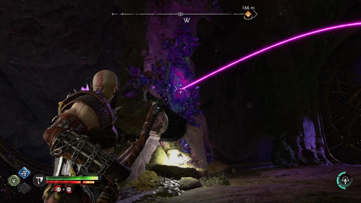 Kratos bounces his axe off a Twilight Stone to hit a raven in God of War Ragnarok's Temple of Light.