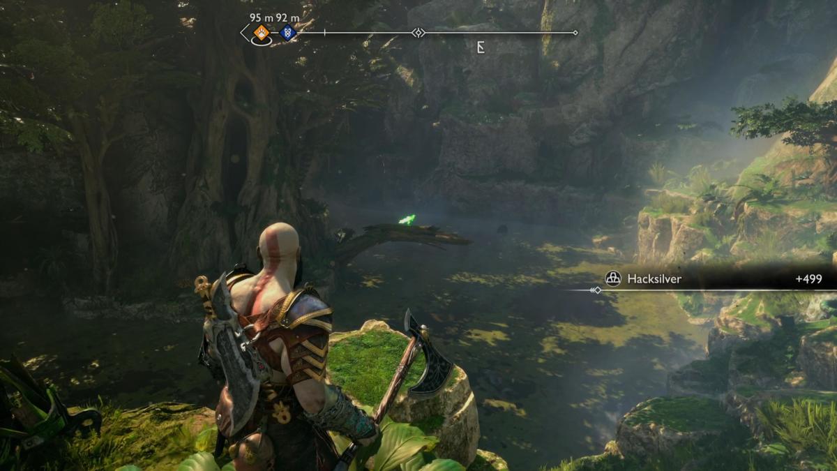 The Cliffside Ruins raven perches on a branch in God of War Ragnarok.