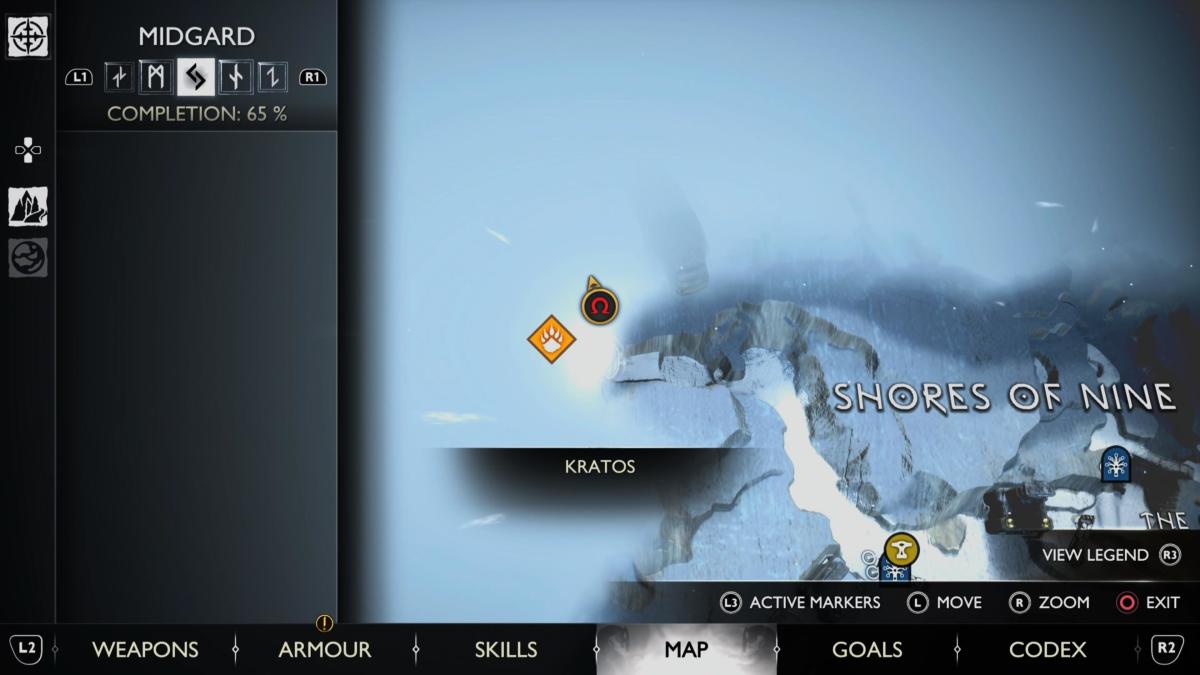 Just west of the Shores of Nine, this map shows the location of another raven in God of War Ragnarok.