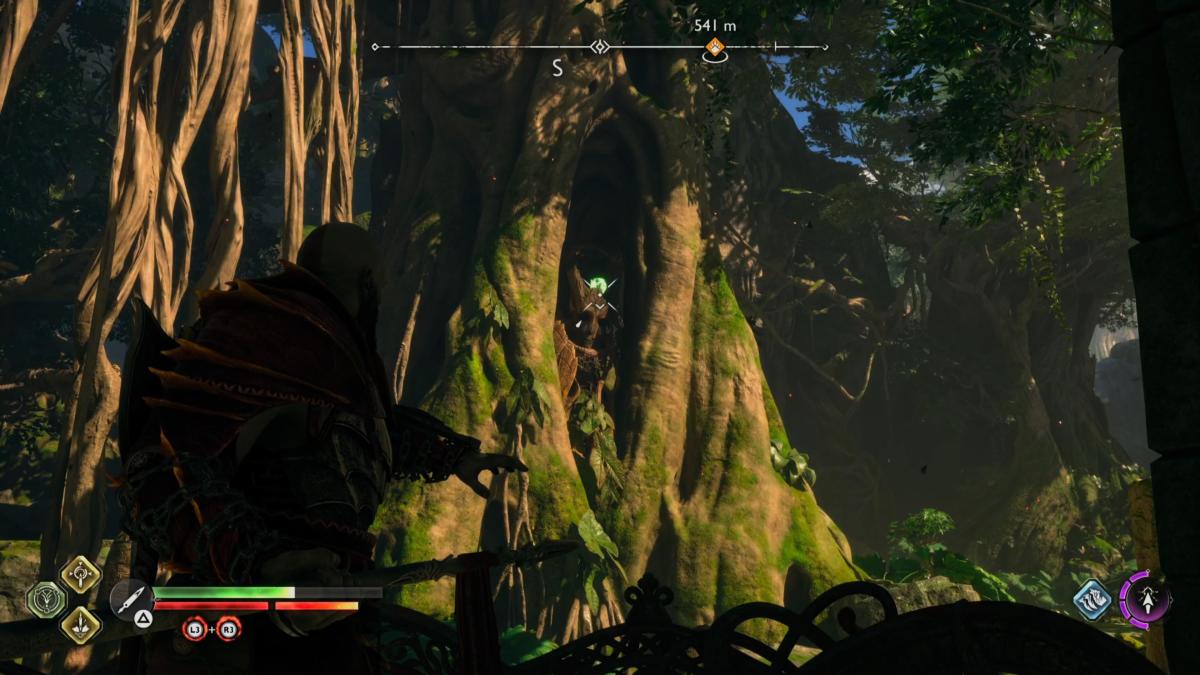 A Raven hides in the hollow of a tree in God of War Ragnarok's Eastern Barri Woods.