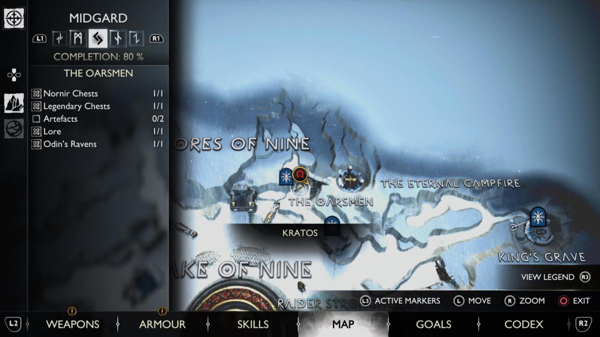 Find this Raven near The Oarsmen in the Lake of Nine by using this God of War Ragnarok map.