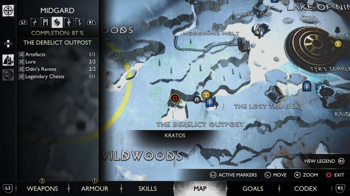 Another God of War Ragnarok map showing the location of Odin's Ravens in the Derelict Outpost, Midgard.