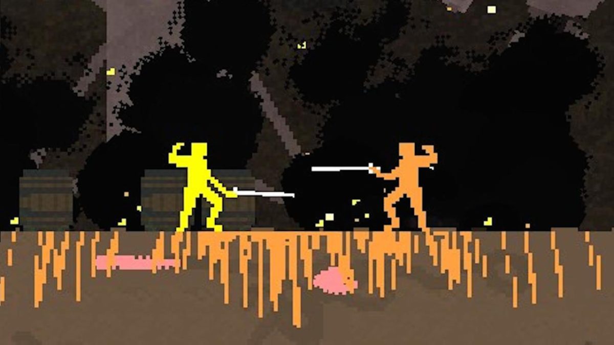 Nidhogg yellow and orange man facing off with swords