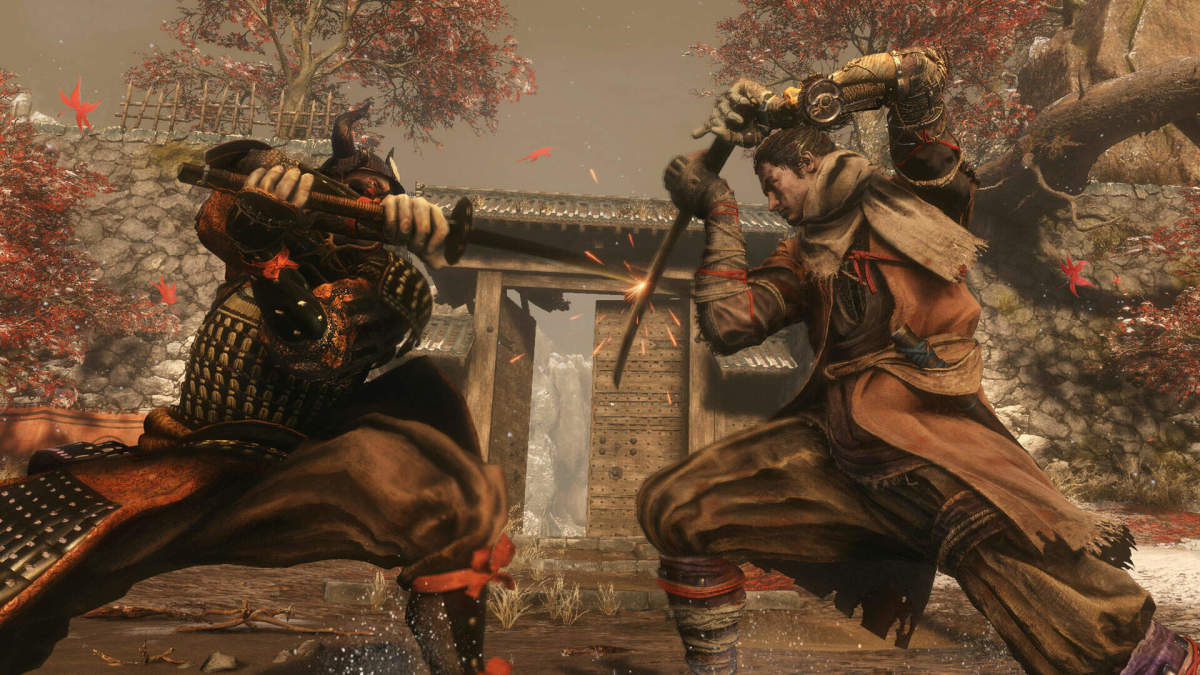 Sekiro protagonist and an enemy crossing blades