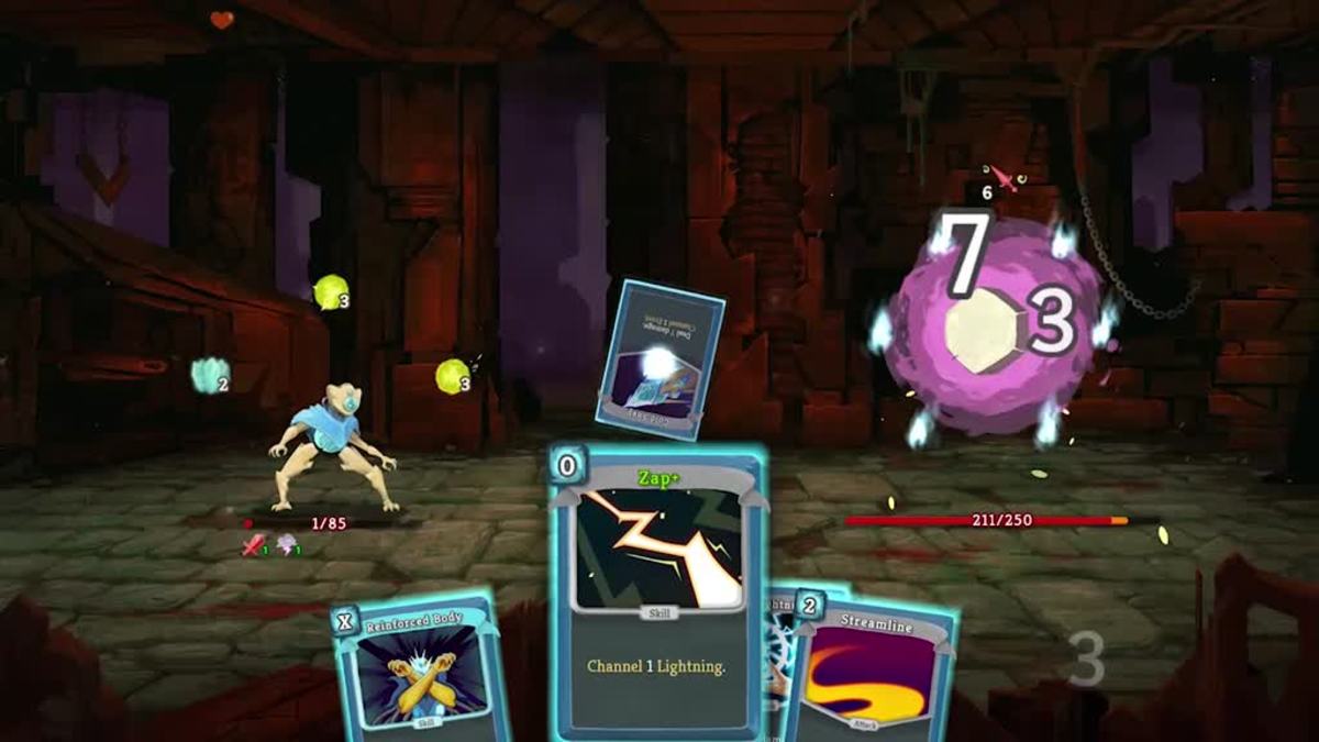 An automaton battles a wisp in card game Slay the Spire.